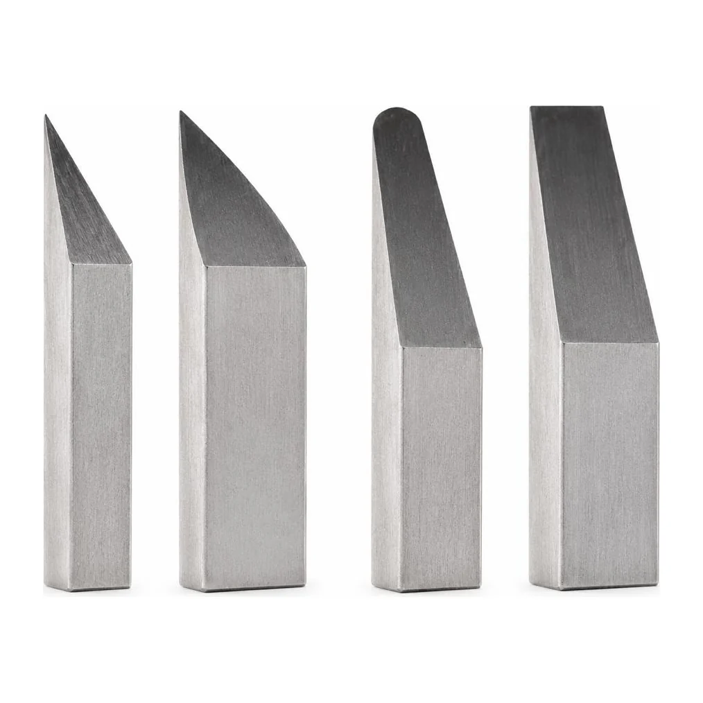The four bench graver profiles side by side: flat, half round, onglette, and knife, in high-speed steel.