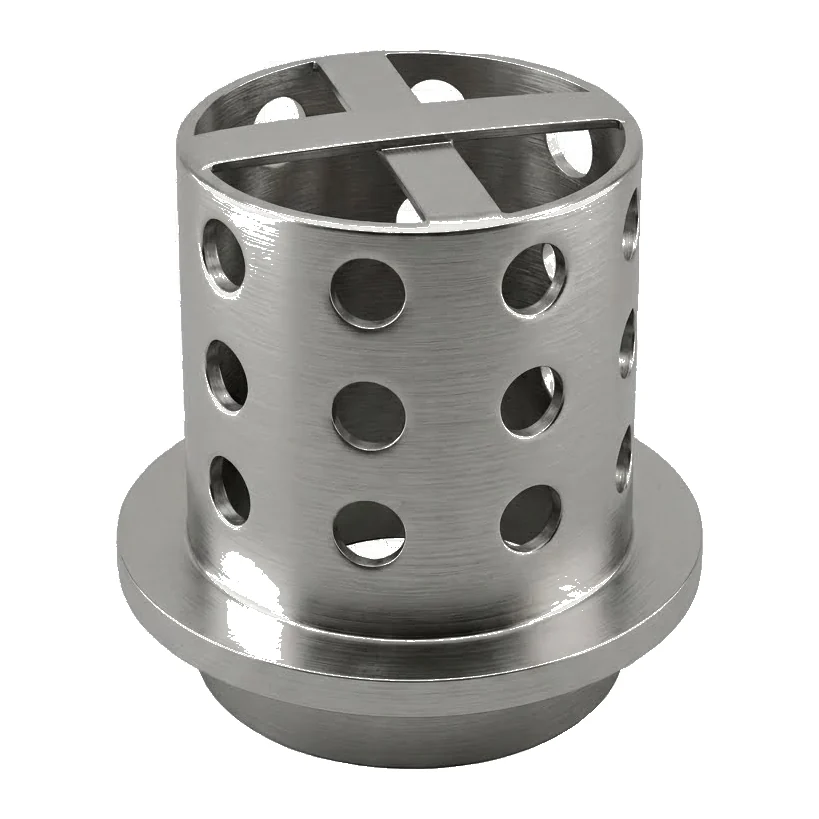 Stainless steel perforated investment-casting flask with a cross bar across the opening and a top flange, drilled wall with rows of round vent holes.